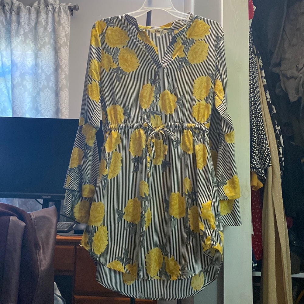 Short, long, bell sleeved sunflower and striped dress.